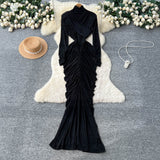 Women's Fashion Dress 2025 Autumn Design Feeling Cross-Folded Slim Top-Cuffed And High-Necked Dress