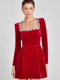 2025 Women's Autumn And Winter New Diamond-Sleeved French Waist-Sleeved Velvet Mini Dress