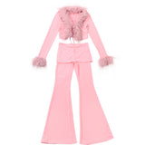 Fashion 2025 Autumn And Winter New Women's Hottie Collar Splicing With Open Shirt Long Sleeve High-Waisted Thigh Horn Trousers Set