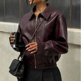 Women's Dress 2025 New Retro Simple Collar Zipper Leather Jacket