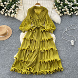 2025 New Elegant Dress Spring Dress High-End Retro Collar Lantern Sleeves To Close Waist Lotus Leaves Side Pressure Skirt Dress Woman