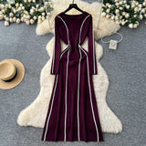 French High-End Sense Niche Fashion Side To Receive Waist Round Collar Long-Sleeved Sweater Dress Female Thin Dress