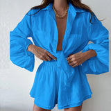 2025 Women's Casual Pure Color Lotus Leaf Side Shorts Shirt Fashion Set Women's Two-Piece