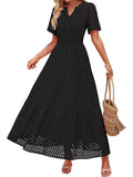 2025 Women's V-Neck A-Shaped Hollow Lace Cake Dress