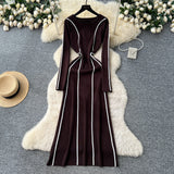 French High-End Sense Niche Fashion Side To Receive Waist Round Collar Long-Sleeved Sweater Dress Female Thin Dress
