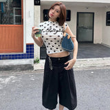 2025 Autumn New Women's Hottie Round Collar Wave Point Letter Print Repair Bottom Short-Sleeved Top