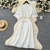 French High-End Squeal Hook Lace Set Women's Summer Fashion Short Horn Sleeve Shirt High Waist Half-Dress