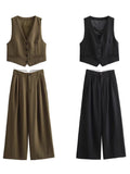 2025 Women's Autumn New Dress V-Neck Short Vest High-Waist Broad Leg Trousers Commuting Suit