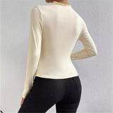 2025 Solid Color Trim Bottom Shirt Folding Design Long-Sleeved T-Shirt Lady Top