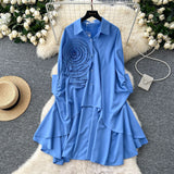 Korean Version Of High-End Sense Polo Collar Shirt Women Autumn Three-Dimensional Flowers Loose Irregular Folding Tail Design Top