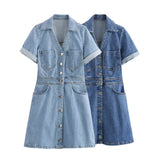 Shirt-Style Denim Skirt 2025 Spring And Summer Roll Sleeves V-Neck Single Buckle High Waist Repair A-Word Mini Dress Woman