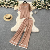 Korean Version Of Retro Fashion Collar Collar Short-Sleeved Knitting Top + High-Waisted Casual Broad-Legged Trousers 2025 Summer Set