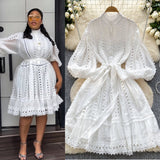 2025 Spring And Summer New Lantern Sleeve Retro Hollow Lace Splicing Single Buckle Loose Lace Dress Dress Woman