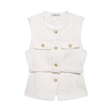 Belt And Beads Coarse Spinning Vest 2025 Spring Temperament Metal Buttonless Sleeveless Round Collar Body Jacket Woman