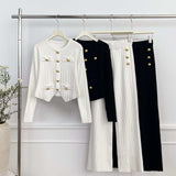 High-Grade Small Fragrant Wind Metal Collar Collar Repair Long-Sleeved Knitted Shirt Women High-Waist Casual Pants Two Sets