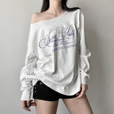 2025 Summer New Women's Street Fashion Letter Print Slanted Shoulder Short-Sleeved Loose T-Shirt Top