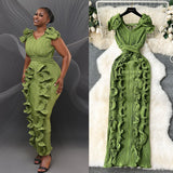 Banquet High-End High-End Light Luxury Small Frills Fold Three-Dimensional Lotus Leaf Side Of The Long Temperament Dress Woman