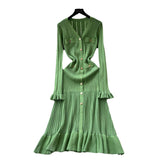 Small Scented Dress Women's Autumn And Winter Set High-End Feeling V-Neck Metal Buckle Slimming Lotus Leaf Side Knitting Skirt