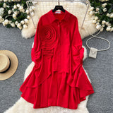 Korean Version Of High-End Sense Polo Collar Shirt Women Autumn Three-Dimensional Flowers Loose Irregular Folding Tail Design Top