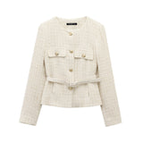 Belt Textured Long-Sleeved Round-Neck Casual Suit Jacket 2025 Spring Temperament Button Trim Jacket Woman