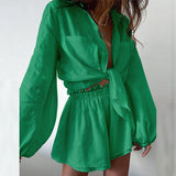 2025 Women's Casual Pure Color Lotus Leaf Side Shorts Shirt Fashion Set Women's Two-Piece