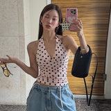 2025 Summer Women's New Hottie Sexy Black Wave Dot Print Spread Out Back V Collar Hanging Neck Tight Vest