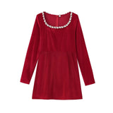 2025 Women's Autumn And Winter New Diamond-Sleeved French Waist-Sleeved Velvet Mini Dress
