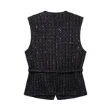 Belt And Beads Coarse Spinning Vest 2025 Spring Temperament Metal Buttonless Sleeveless Round Collar Body Jacket Woman
