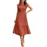 2025 Summer Hot Women's Clothing New To Take Flying Sleeves Pure Color Folding Short-Sleeved Dress Women