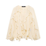 Is Women's V-Neck Folding Trim Shirt Long-Sleeved Top Loose Woman