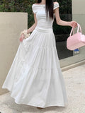 Large-Size Fatmm Cake White Dress Autumn Big Umbrella Skirt Folded Tight Body Fat Long Skirt