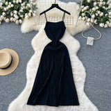 Summer Dress Women 2025 New Gentle Wind Temperament Slings Waists Thin Vertical Knitted Dress Inside The Long Skirt