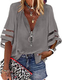 2025 New V-Neck Zipper Shirt Half-Horn Sleeve Grid Spliced Loose Casual Shirt For Women