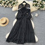 French High-End Neckline Bow Tie Lantern Sleeve Lace Lace To Receive Waist Wave Dot Skirt Chiffon Dress