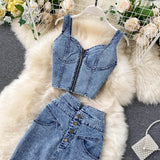 Hong Kong Style In Women's Clothing Set 2025 New Female Sense Short Sling Vest High-Waisted Denim Skirt Tide