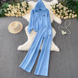 Gentle Wind Pink Tie With Thin Hooded Knitted Long-Sleeved Sweater High-Rise Broad Leggings Embroidery Set