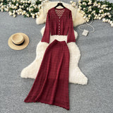 Korean Wearing A Female Gentle Wind High-End Feeling V-Neck Long-Sleeved Empty Crochet Knitted Half-Dress