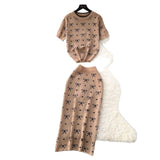 Knitted Suit Women's 2025 Summer High-End Round-Neck Short-Sleeved Bow Print Top High-Waisted Hip Skirt
