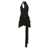 2025 Summer New Women's Hottie V-Neck Hanging Neck-Deck Mesh Splicing Slit Tight Dress Woman