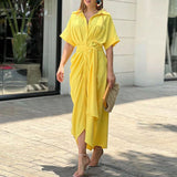 2025INS Women's Printed Collar Short Sleeve High-Waisted Long Shirt Dress