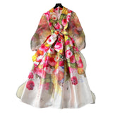 Spring 2025 Court Wind V Tie Belt Belt Belt Belt Lantern Sleeve Print Thin Long Dress