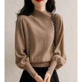 European Goods In The Ocean With Half-High Collar Knitted Women 2025 Autumn New Lantern Sleeve Cashmere Bottom Sweater Commute