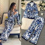 Vintage Fashion Positioning Print Strapping Belt Collar Long Sleeve Top Female High-Waist Broad Leg Straight Trousers Set