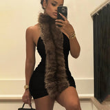 Fashion 2025 Autumn New Women's Sexy Hanging Neck Hairy Neck Stitching Bump Color Bag Hip Dress