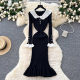 French Retro Doll Collar Horn Sleeve Dress Women Autumn Waist Thin Temperament Knitted Dress