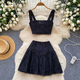 Spice Girls Hollow Embroidery Suit Female Sling With Short Waist Vest + High-Waist A-Word Skirt Sexy Two