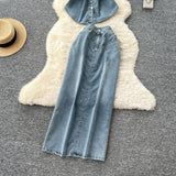 French Light-Cooked Wind Strap To Close Waist Short-Sleeved Cowboy Topess Female High-Waisted Fork Hip Skirt Summer Two-Sleeve