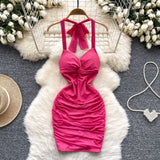 Hottie Wind Hanging Neck Sling Dress Women Summer Shiny Folds Design Ass Short Skirt