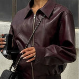 Women's Dress 2025 New Retro Simple Collar Zipper Leather Jacket