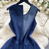High-End Small Fashion Sleeker-Less Round-Necked Denim Dress Women's Summer Waists Thin Temperament 100-Folded Vest Dress